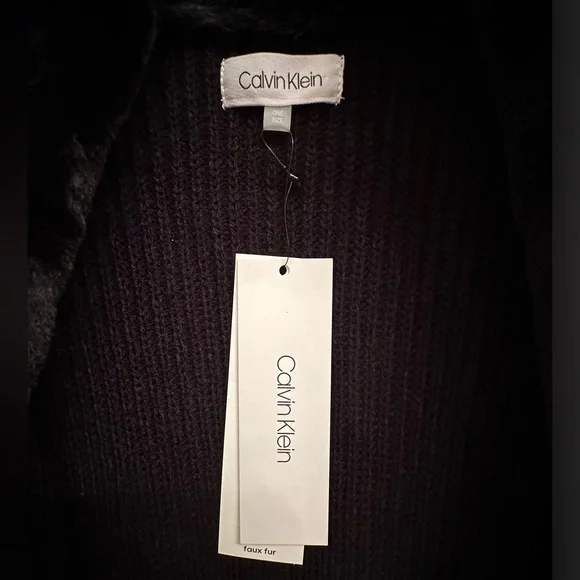 Calvin Klein Black Faux Fur Trim Knit Open Front Wrap Poncho Cape - Picture 5 of 5